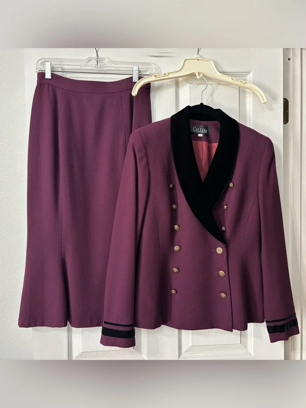 Vintage 80’s Purple Wool Skirt Suit Set Women’s Size 6 Velvet Accents Gillian